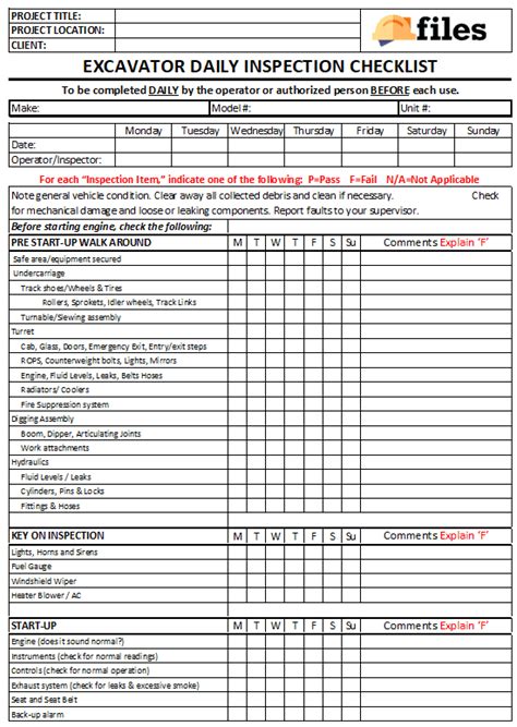 excavator inspection checklist template